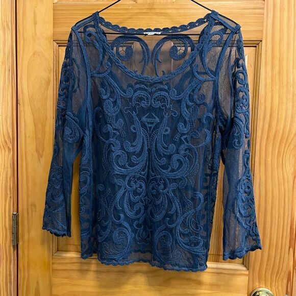 Express size Med. blue sheer embroidered blouse - Picture 4 of 6